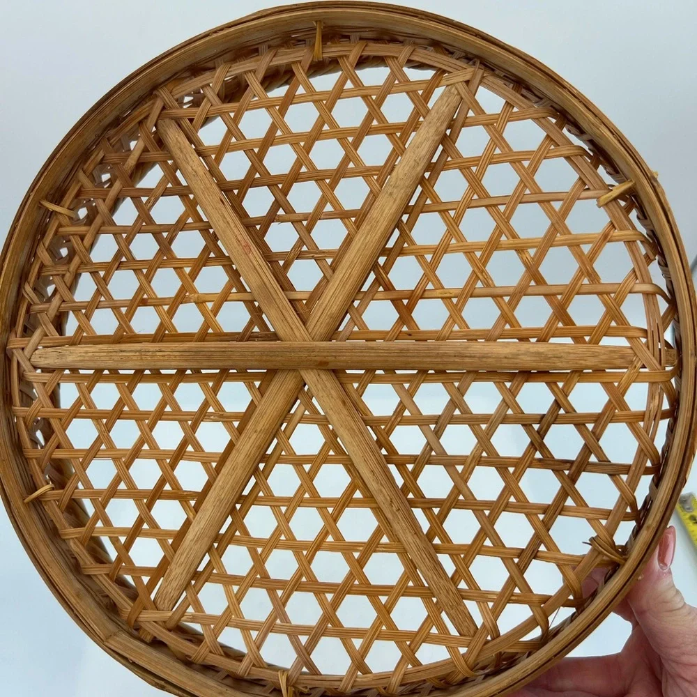Vintage Rattan Basket Tray 11” Round Tan Cottagecore Farmhouse Bohemian Styles